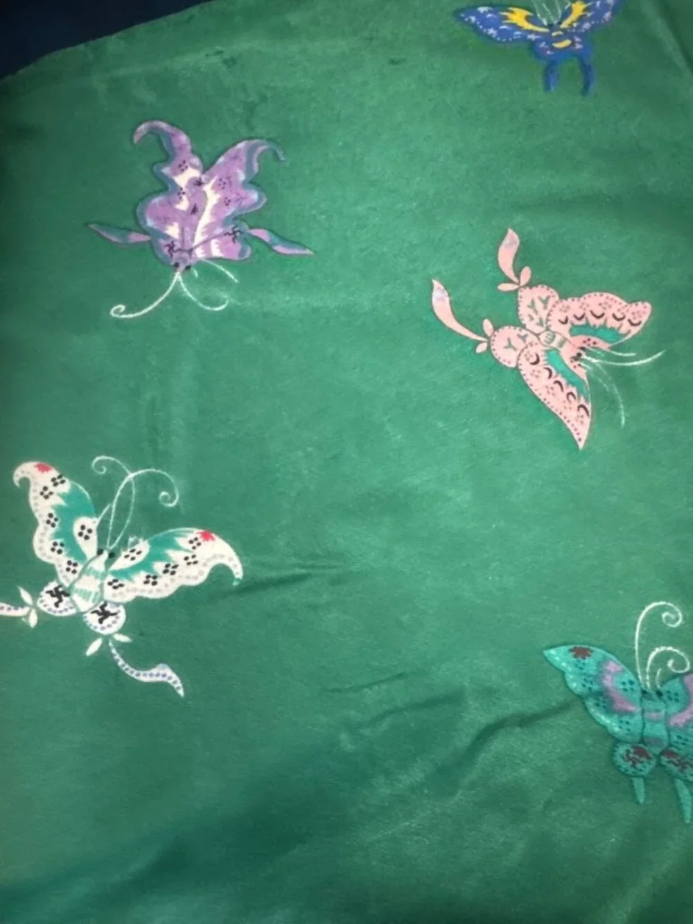 Vintage Green Butterfly Print Silk Feel Oblong Scarf Emerald Colorful Whimsical